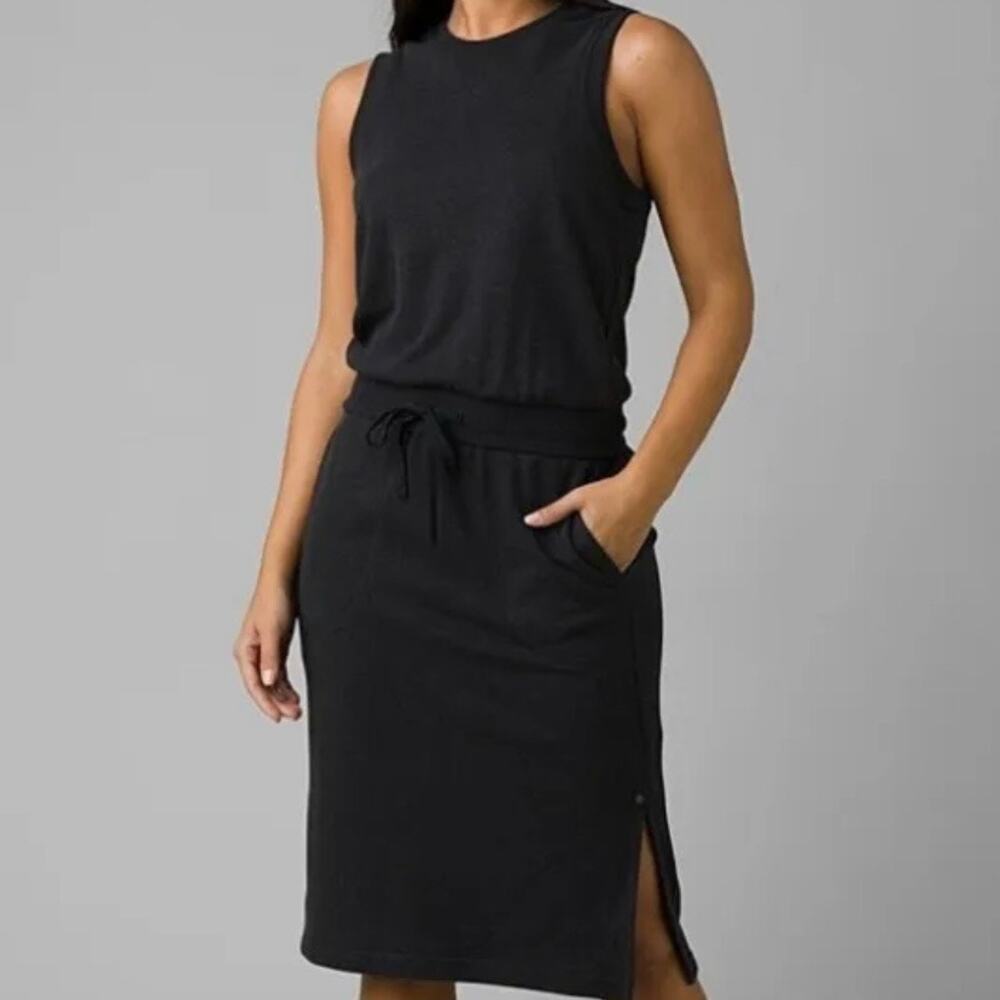Prana Black Sleeveless Drawstring Waist Midi Dress